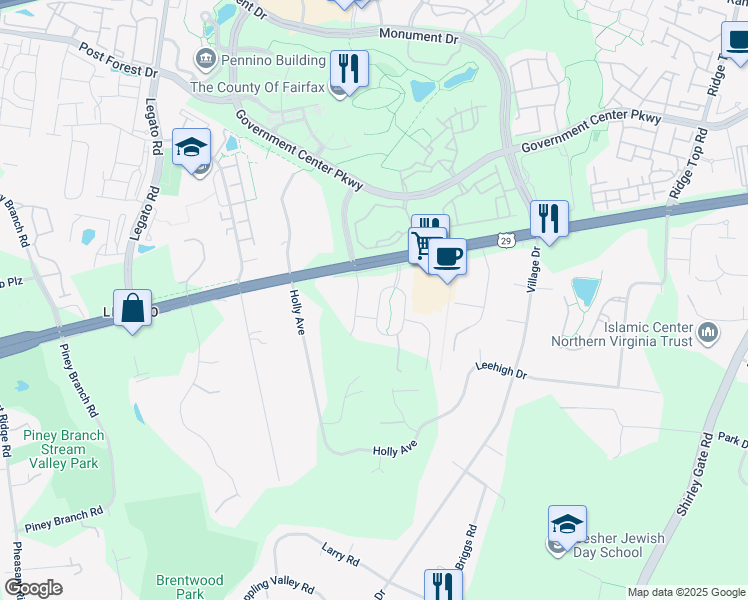 map of restaurants, bars, coffee shops, grocery stores, and more near 11810 Robertson Farm Circle in Fairfax