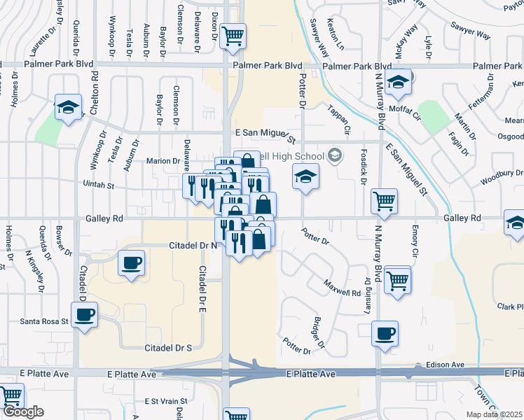 map of restaurants, bars, coffee shops, grocery stores, and more near 3900 Galley Road in Colorado Springs