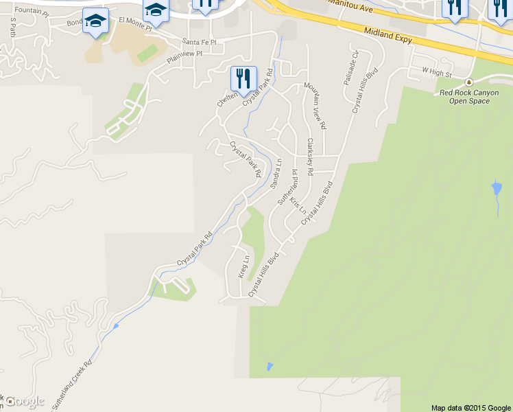 map of restaurants, bars, coffee shops, grocery stores, and more near 47 Sandra Lane in Manitou Springs