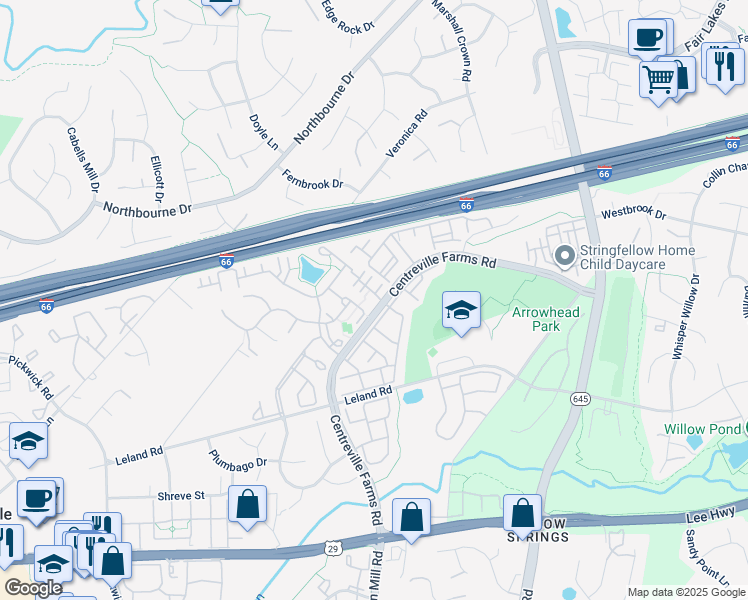 map of restaurants, bars, coffee shops, grocery stores, and more near 13503 Stargazer Terrace in Centreville