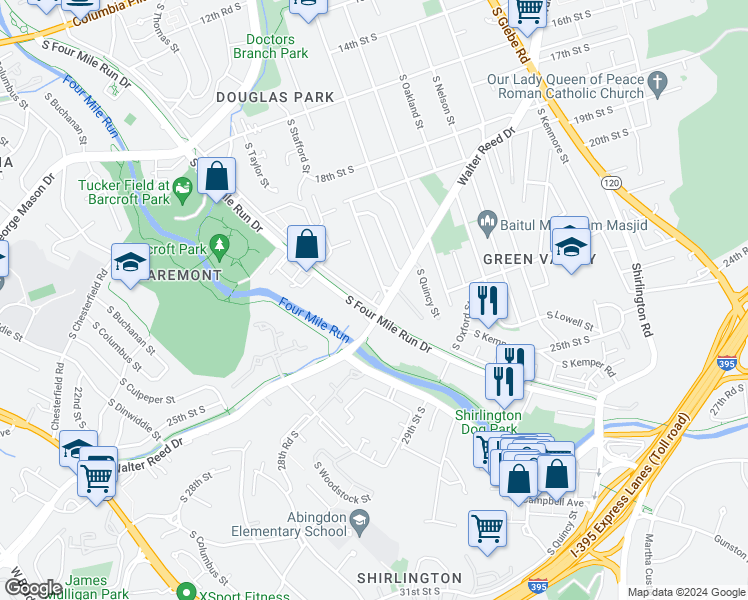 map of restaurants, bars, coffee shops, grocery stores, and more near 4077 South Four Mile Run Drive in Arlington