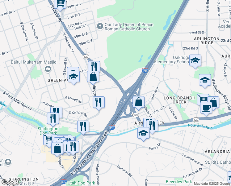 map of restaurants, bars, coffee shops, grocery stores, and more near 2704 24th Road South in Arlington
