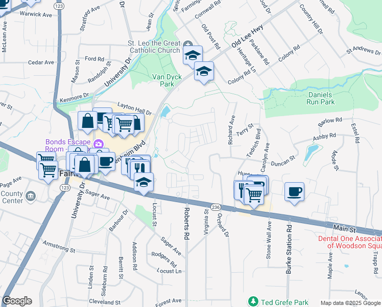 map of restaurants, bars, coffee shops, grocery stores, and more near 3866 Farrcroft Drive in Fairfax