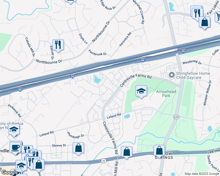 map of restaurants, bars, coffee shops, grocery stores, and more near 13536 Prairie Mallow Lane in Centreville
