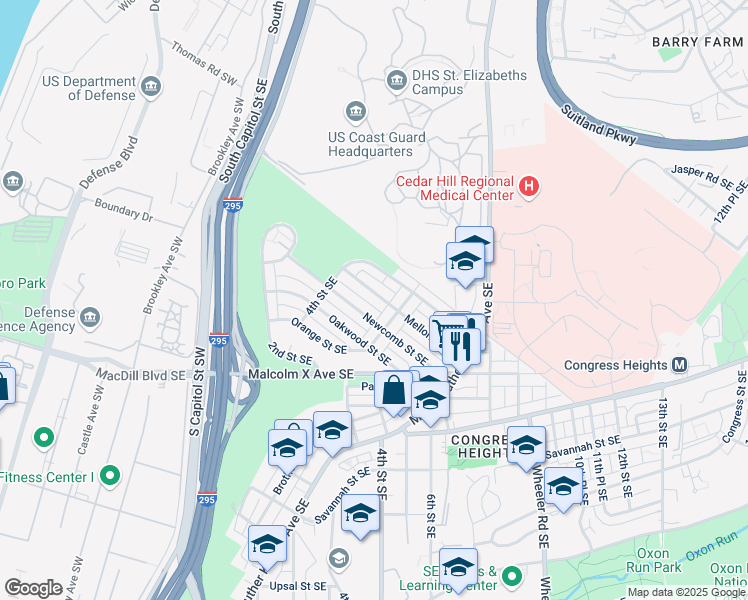map of restaurants, bars, coffee shops, grocery stores, and more near 445 Mellon Street Southeast in Washington