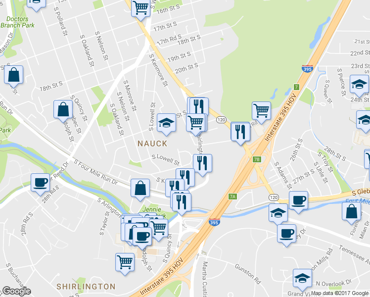 map of restaurants, bars, coffee shops, grocery stores, and more near 2451 South Kenwood Street in Arlington