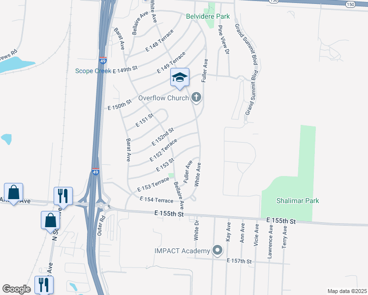 map of restaurants, bars, coffee shops, grocery stores, and more near 6310 East 153 Street in Grandview