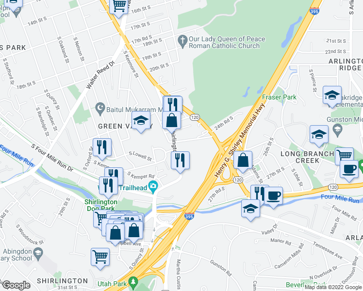 map of restaurants, bars, coffee shops, grocery stores, and more near 2806 24th Road South in Arlington