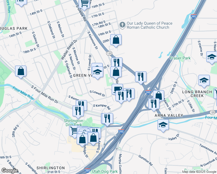 map of restaurants, bars, coffee shops, grocery stores, and more near 2451 South Kenwood Street in Arlington