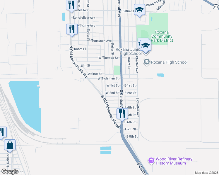 map of restaurants, bars, coffee shops, grocery stores, and more near 148 West 2nd Street in Roxana
