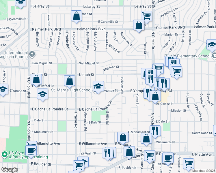 map of restaurants, bars, coffee shops, grocery stores, and more near 2538 East Yampa Street in Colorado Springs