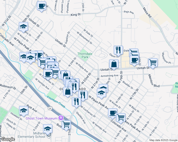 map of restaurants, bars, coffee shops, grocery stores, and more near 204 North 22nd Street in Colorado Springs