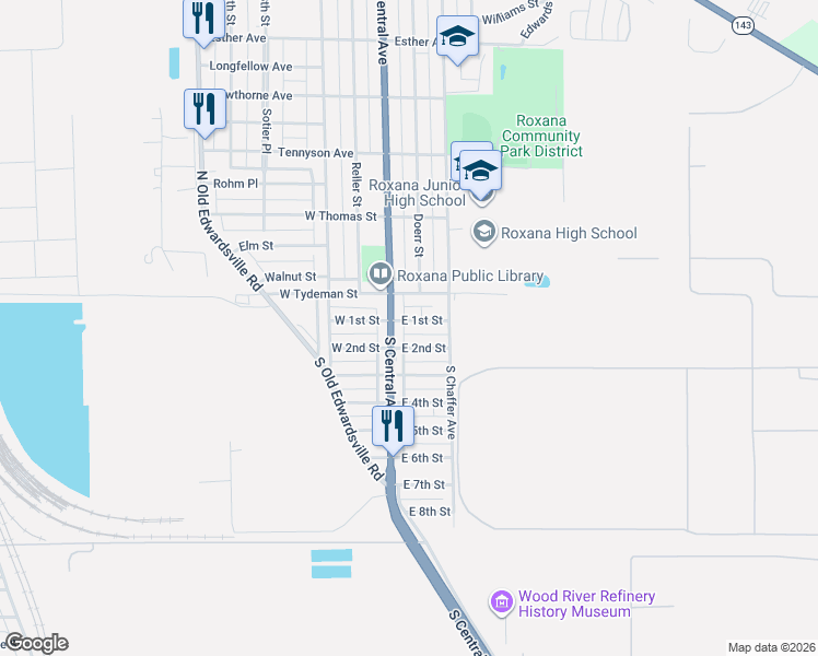 map of restaurants, bars, coffee shops, grocery stores, and more near 120 East 2nd Street in Roxana