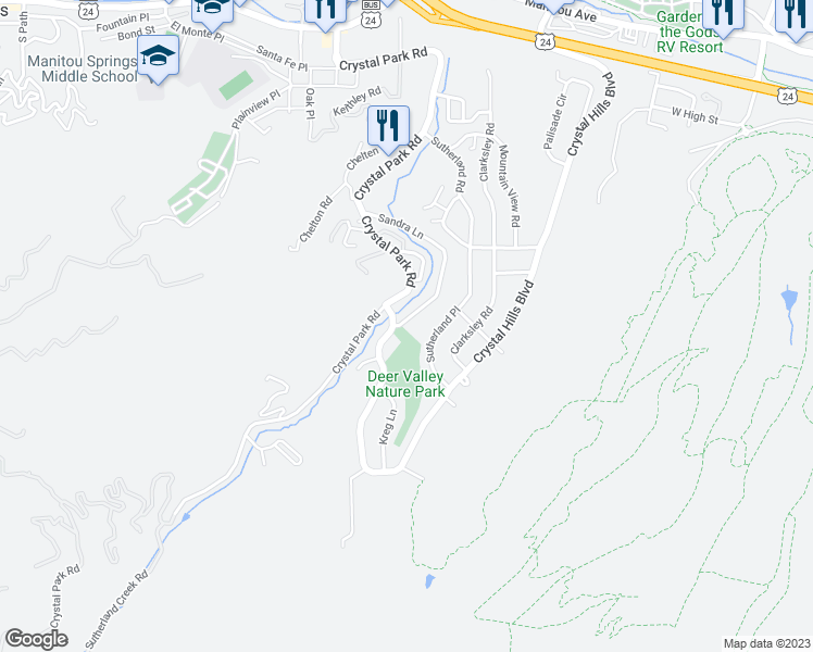 map of restaurants, bars, coffee shops, grocery stores, and more near 47 Sandra Lane in Manitou Springs