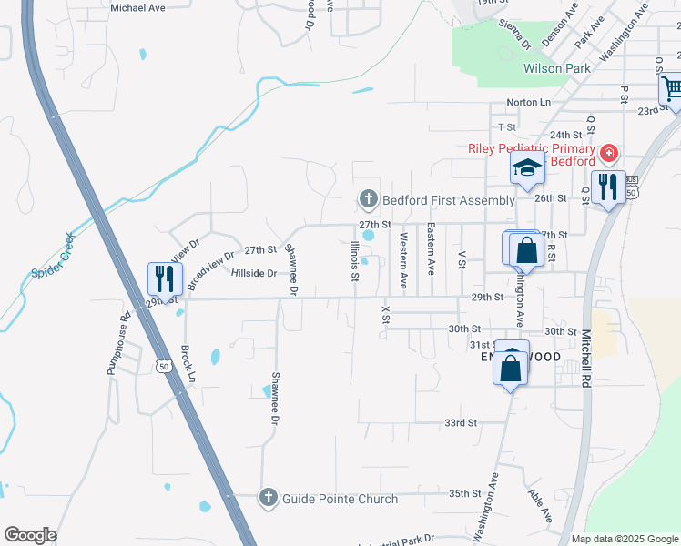 map of restaurants, bars, coffee shops, grocery stores, and more near 2781 Illinois Street in Bedford