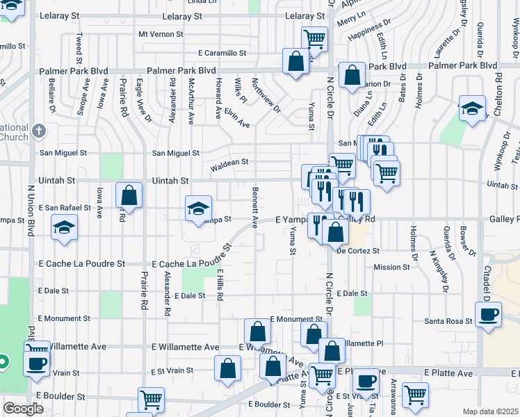 map of restaurants, bars, coffee shops, grocery stores, and more near 2637 East Yampa Street in Colorado Springs