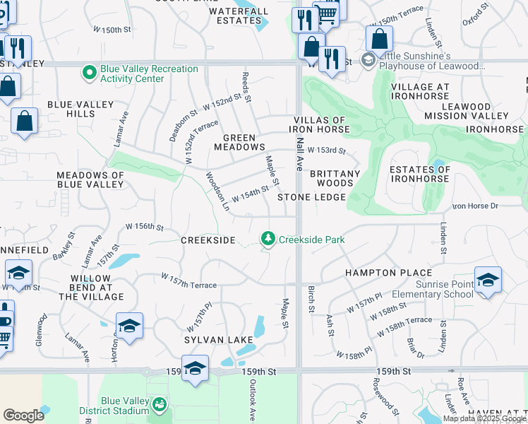 map of restaurants, bars, coffee shops, grocery stores, and more near 15506 Reeds Street in Overland Park