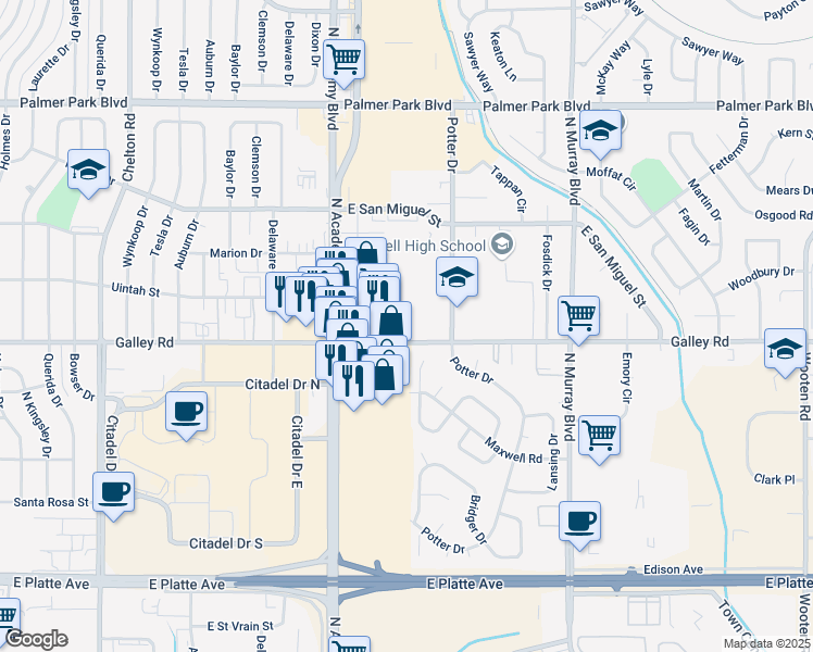 map of restaurants, bars, coffee shops, grocery stores, and more near 912 Maxwell Lane in Colorado Springs
