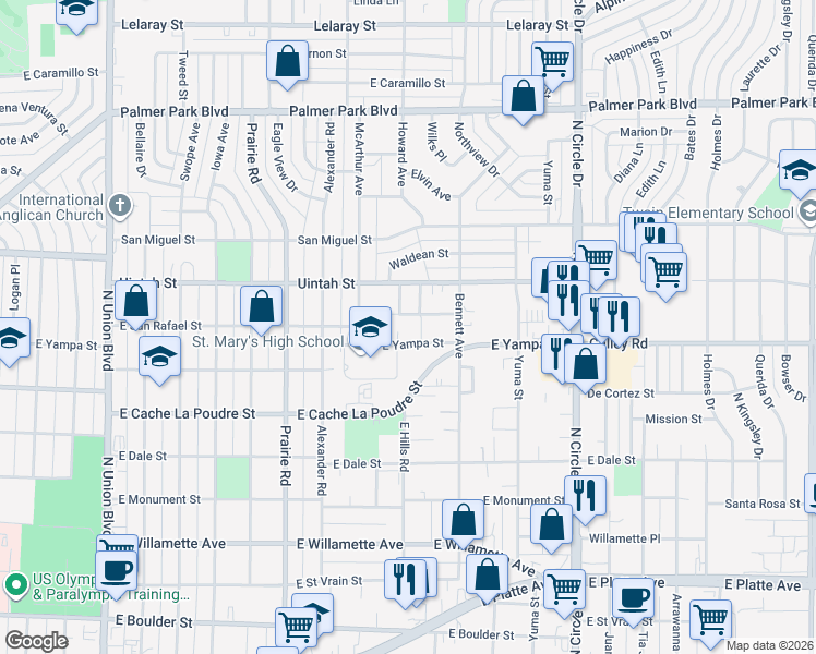 map of restaurants, bars, coffee shops, grocery stores, and more near 2538 East Yampa Street in Colorado Springs