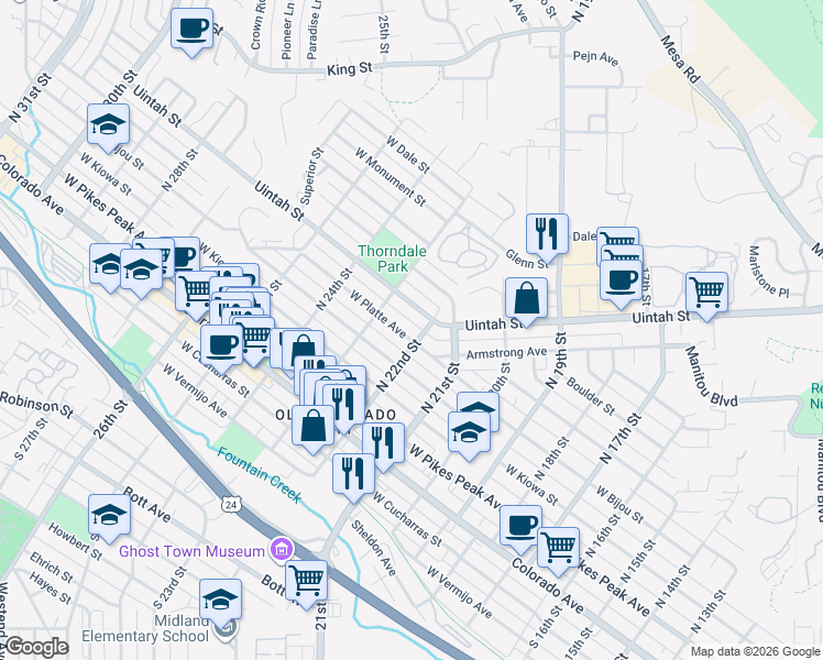 map of restaurants, bars, coffee shops, grocery stores, and more near 204 North 22nd Street in Colorado Springs