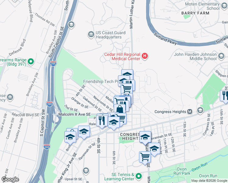 map of restaurants, bars, coffee shops, grocery stores, and more near 516 Lebaum Street Southeast in Washington