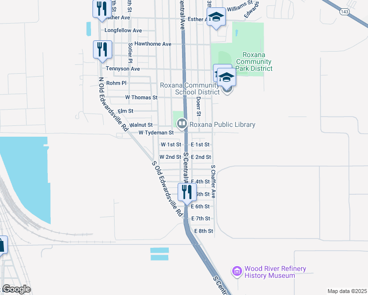 map of restaurants, bars, coffee shops, grocery stores, and more near 112 West 2nd Street in Roxana