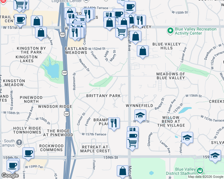 map of restaurants, bars, coffee shops, grocery stores, and more near 15473 Foster in Overland Park