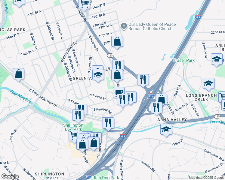 map of restaurants, bars, coffee shops, grocery stores, and more near 3400 25th Street South in Arlington