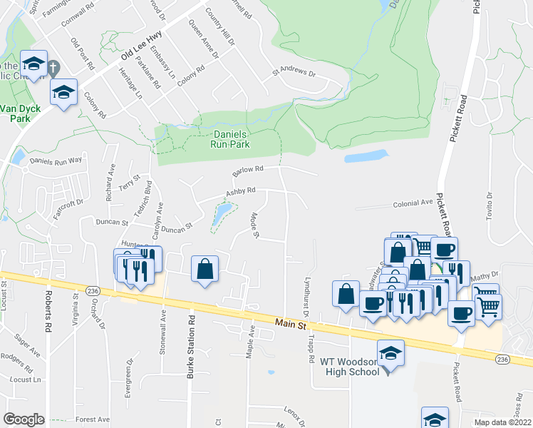 map of restaurants, bars, coffee shops, grocery stores, and more near 3804 Mode Street in Fairfax