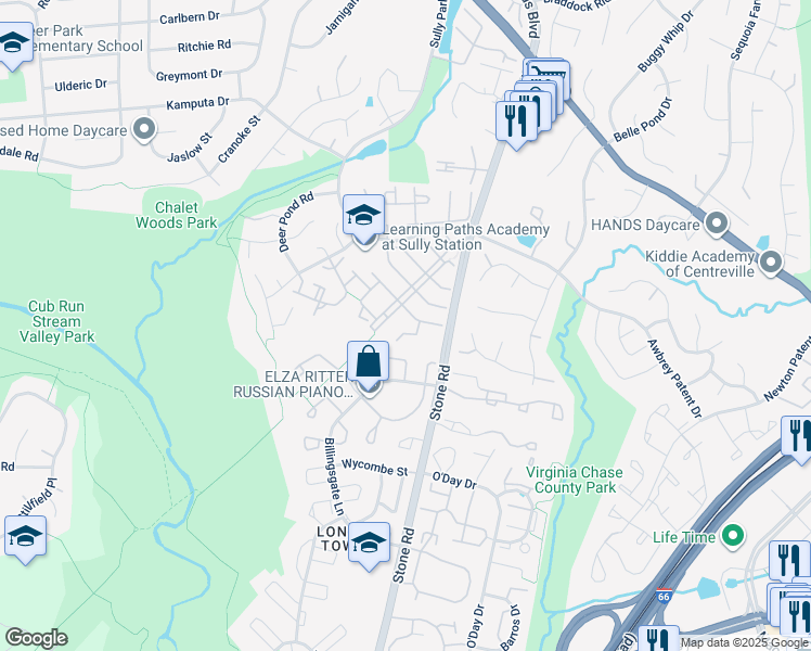 map of restaurants, bars, coffee shops, grocery stores, and more near 5800 Stream Pond Court in Centreville