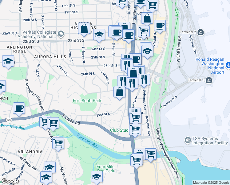 map of restaurants, bars, coffee shops, grocery stores, and more near 2800 South Fern Street in Arlington