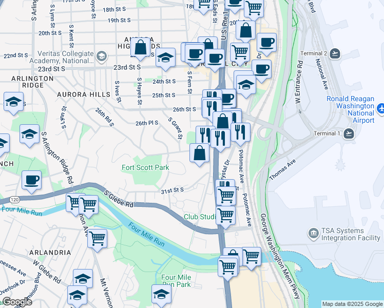 map of restaurants, bars, coffee shops, grocery stores, and more near 2800 South Fern Street in Arlington