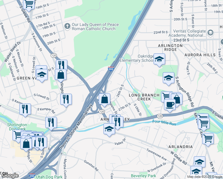 map of restaurants, bars, coffee shops, grocery stores, and more near 2321 25th Street South in Arlington