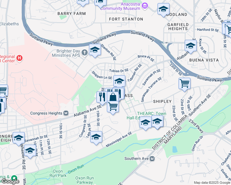map of restaurants, bars, coffee shops, grocery stores, and more near 3263 Stanton Road Southeast in Washington