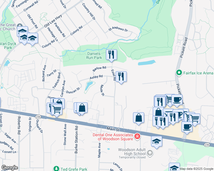 map of restaurants, bars, coffee shops, grocery stores, and more near 3804 Mode Street in Fairfax