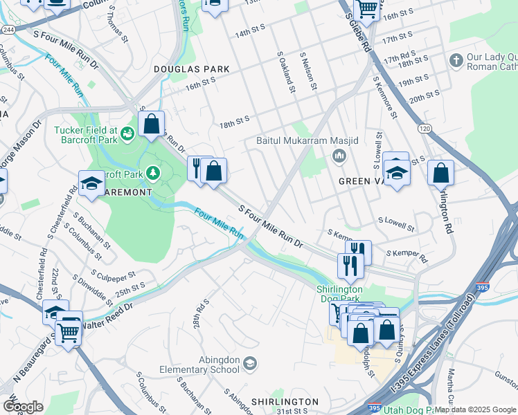 map of restaurants, bars, coffee shops, grocery stores, and more near 4083 South Four Mile Run Drive in Arlington