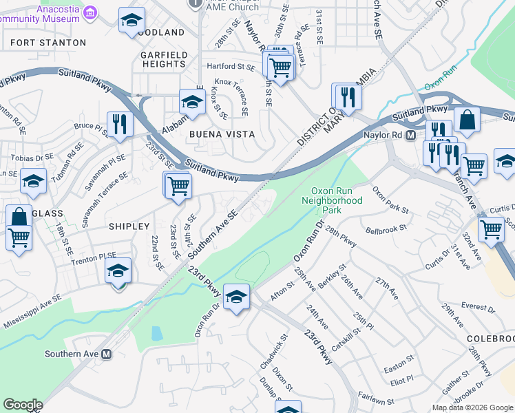 map of restaurants, bars, coffee shops, grocery stores, and more near 2611 Southern Avenue Southeast in Washington