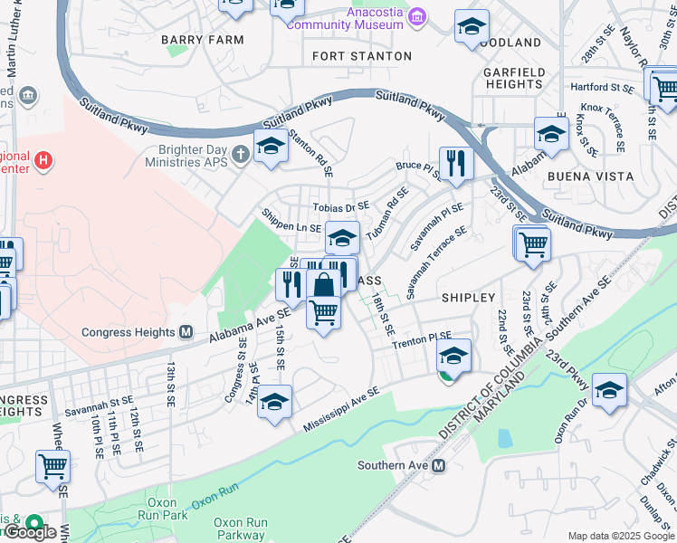 map of restaurants, bars, coffee shops, grocery stores, and more near 3240 Stanton Road Southeast in Washington