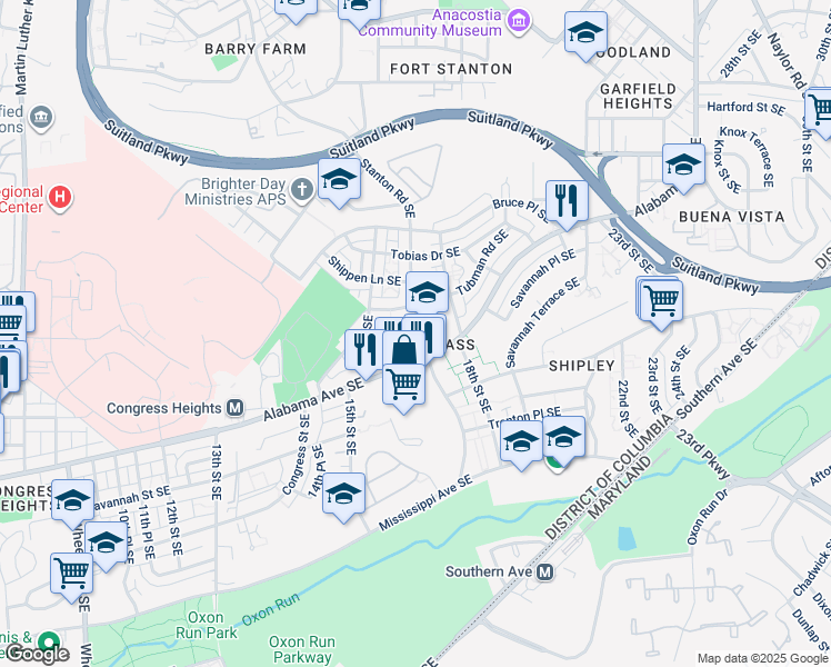 map of restaurants, bars, coffee shops, grocery stores, and more near 3263 Stanton Road Southeast in Washington