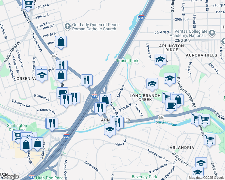 map of restaurants, bars, coffee shops, grocery stores, and more near 2321 25th Street South in Arlington