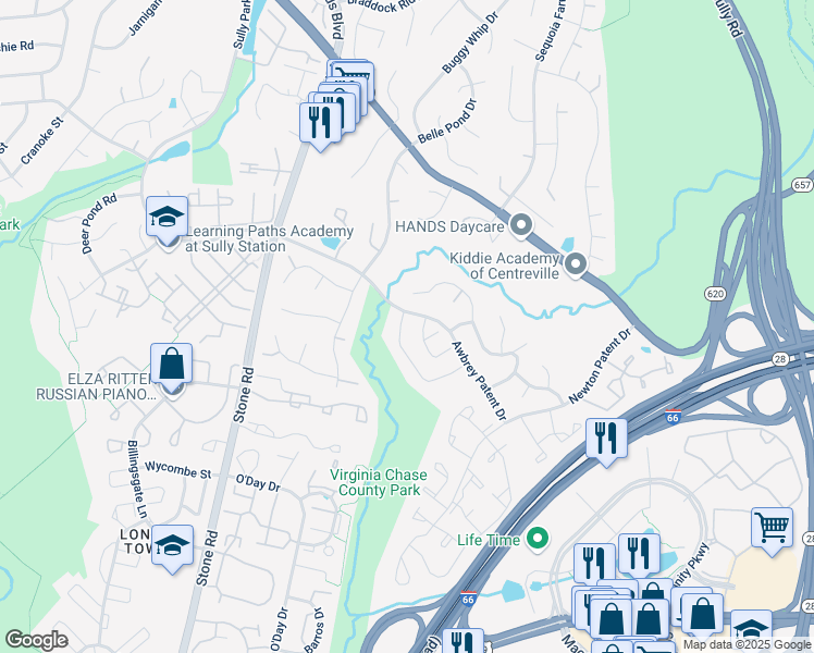 map of restaurants, bars, coffee shops, grocery stores, and more near 14524 Four Chimney Drive in Centreville