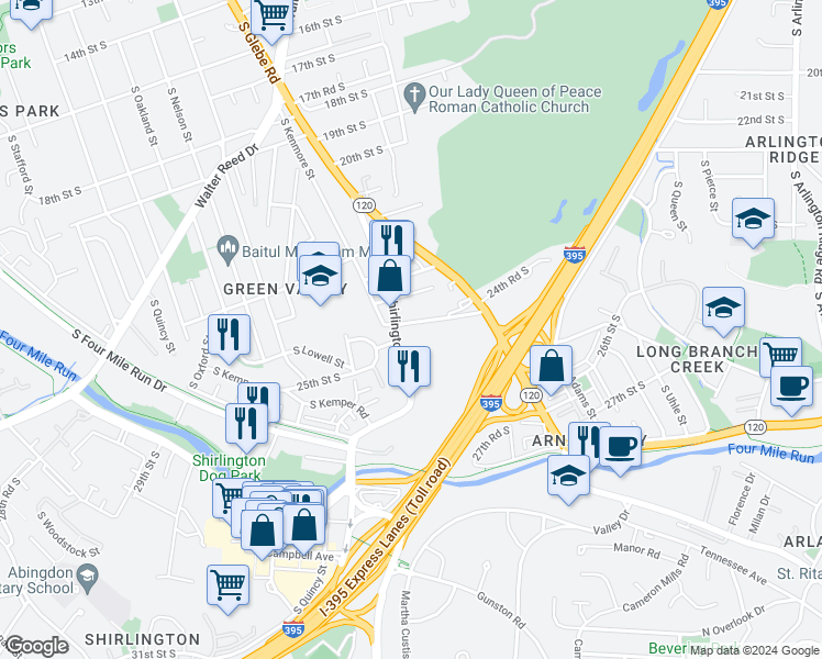 map of restaurants, bars, coffee shops, grocery stores, and more near 2808 24th Road South in Arlington