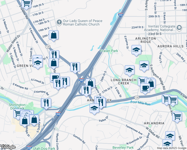 map of restaurants, bars, coffee shops, grocery stores, and more near 2465 Army Navy Drive in Arlington