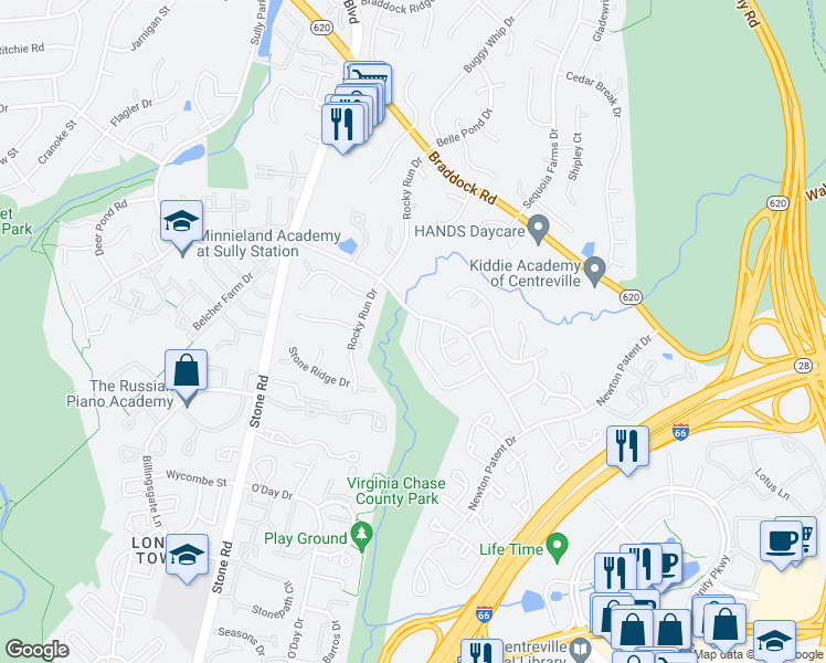 map of restaurants, bars, coffee shops, grocery stores, and more near 14523 Four Chimney Drive in Centreville