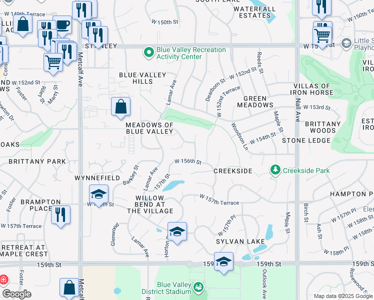 map of restaurants, bars, coffee shops, grocery stores, and more near 6212 West 156th Street in Overland Park