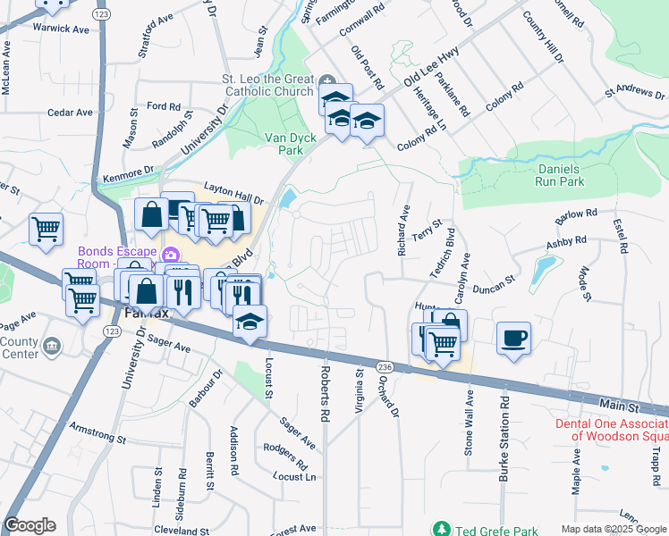 map of restaurants, bars, coffee shops, grocery stores, and more near 3864 Farrcroft Drive in Fairfax