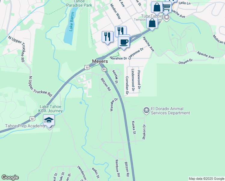 map of restaurants, bars, coffee shops, grocery stores, and more near 2238 Blitzen Road in South Lake Tahoe