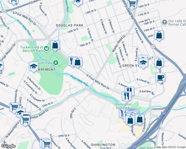 map of restaurants, bars, coffee shops, grocery stores, and more near 4089 South Four Mile Run Drive in Arlington