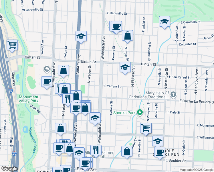 map of restaurants, bars, coffee shops, grocery stores, and more near 911 North Wahsatch Avenue in Colorado Springs
