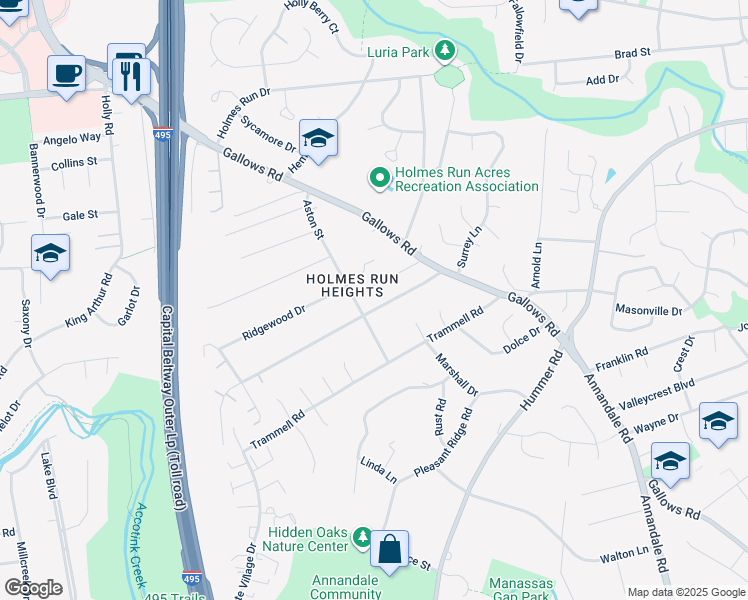 map of restaurants, bars, coffee shops, grocery stores, and more near 7712 Thor Drive in Annandale